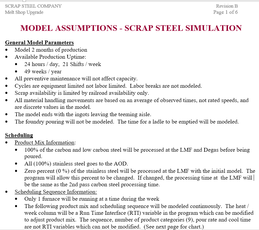 Simulation model assumptions for scrap steel melting process